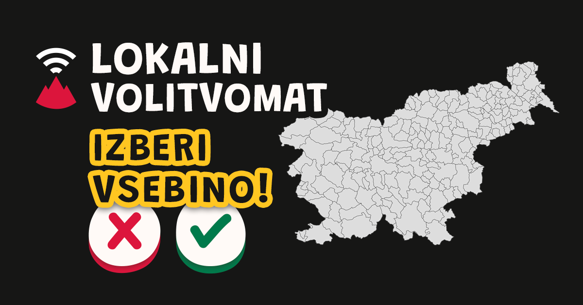 Lokalni volitvomat z zankom Glas ljudstva. Na desni je zemljevid slovenskih občin. Spodaj piše Izberi vsebino! z gumboma za proti in za.