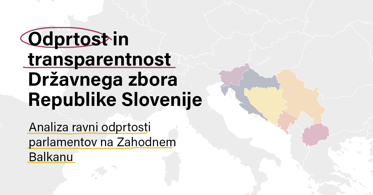 Grafika z napisom Odprtost in transparentnost Državnega zbora 2022: Analiza ravni odprtosti parlamentov na Zahodnem Balkanu