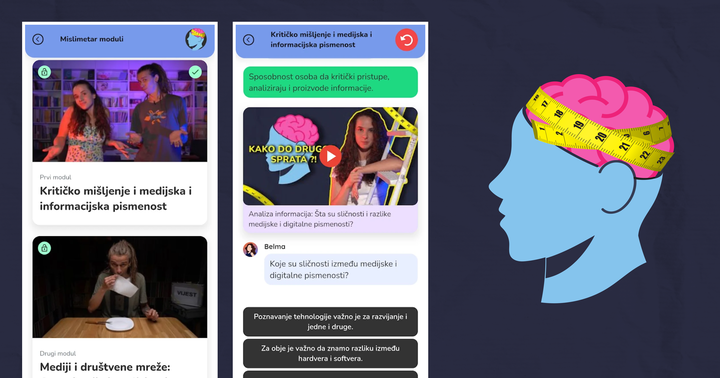 Dva zaslona mobilne aplikacije, ki kažeta funkcionalnosti Mislimetra. Na desni je ilustracija možganov, ki jih obdaja meter.
