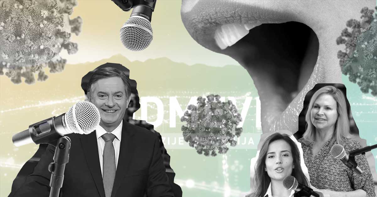 Kolaž fotografij na ozadju oddaje Odmevi, ki prikazuje moškega govorca pred večjim mikrofonom, ženski govorki z manjšimi mikrofoni, v ozadju so odprta usta in slike virusa Covid-19.